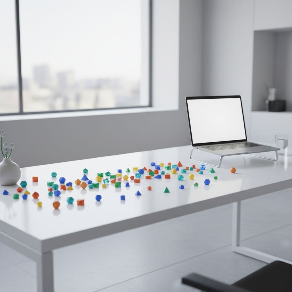 Laptop on a desk beside colorful geometric shapes representing how text can break into many tokens